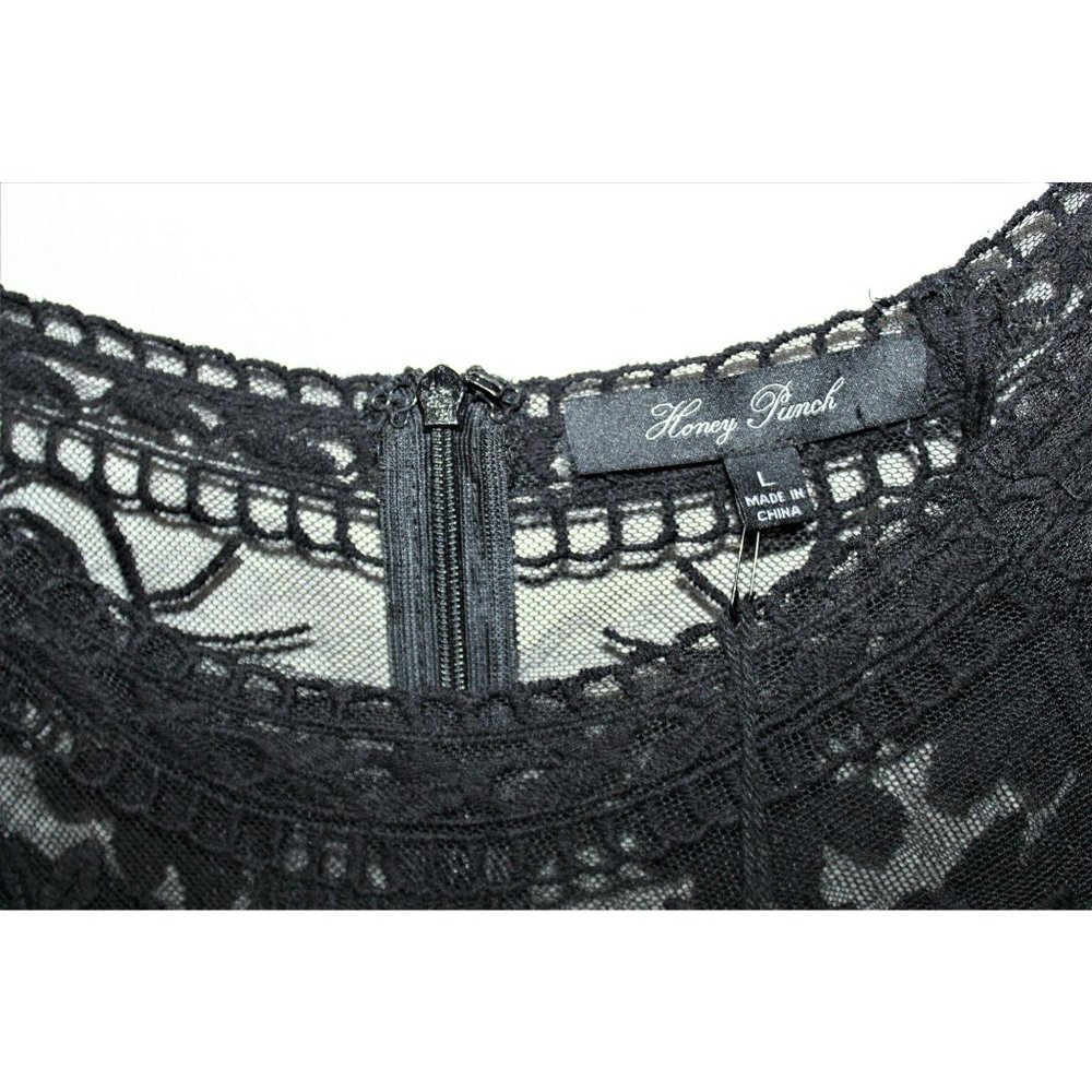 HONEY PUNCH BLACK LACE/sheer long sleeves scoop neck‎ MINI dress LARGE - Picture 5 of 9